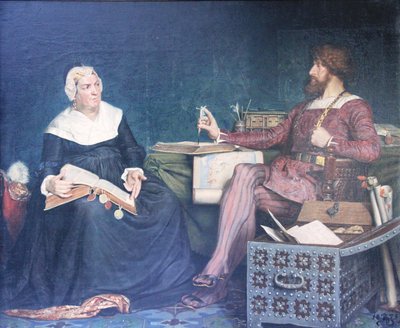 Scene of Sigbrit Reviewing Custom Accounts with King Christian II of Denmark by Kristian Zahrtmann